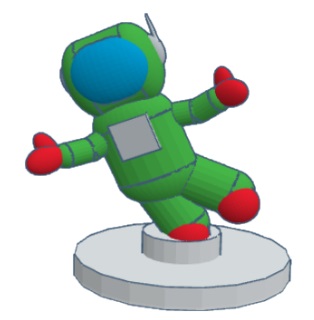 Green Astronaut, on a round base, reaching out, causing the center of gravity to be to the side of the game piece. for the Respect My Personal Space Game.