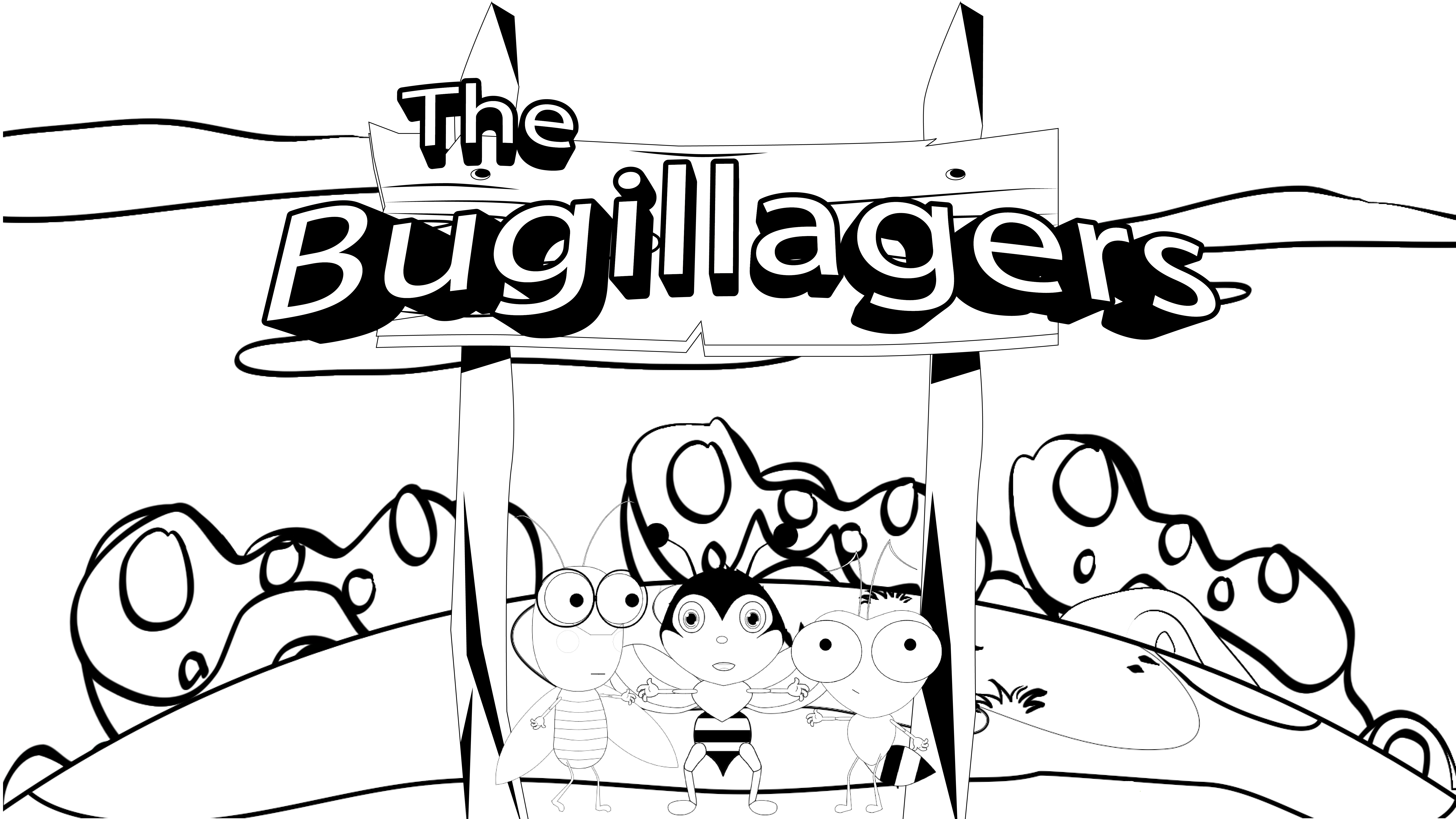Downloadable Coloring Page of cartoon characters Zoys Row and Sem standing below a Sign saying the Bugillagers