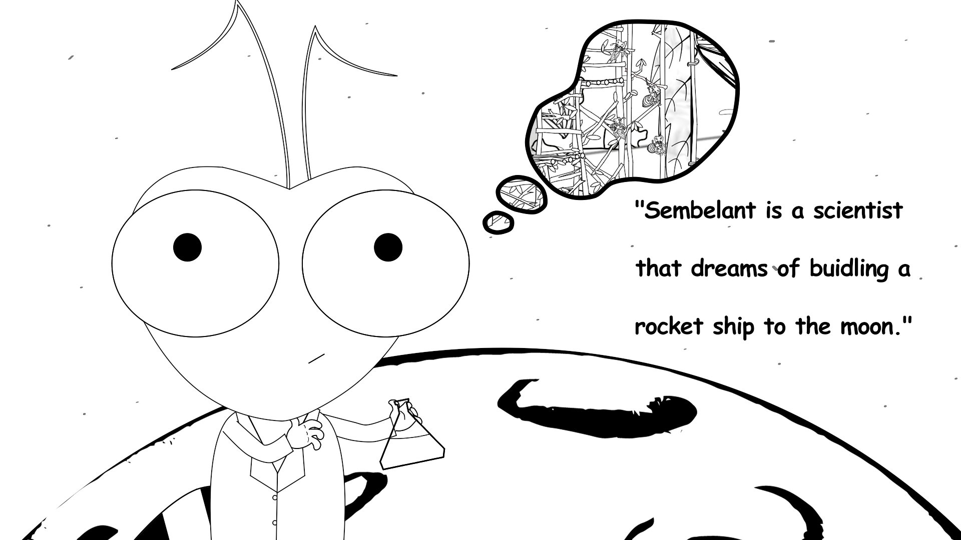 Downloadable Coloring Page of Sembelant a cartoon ant, thinking of building a rocket.