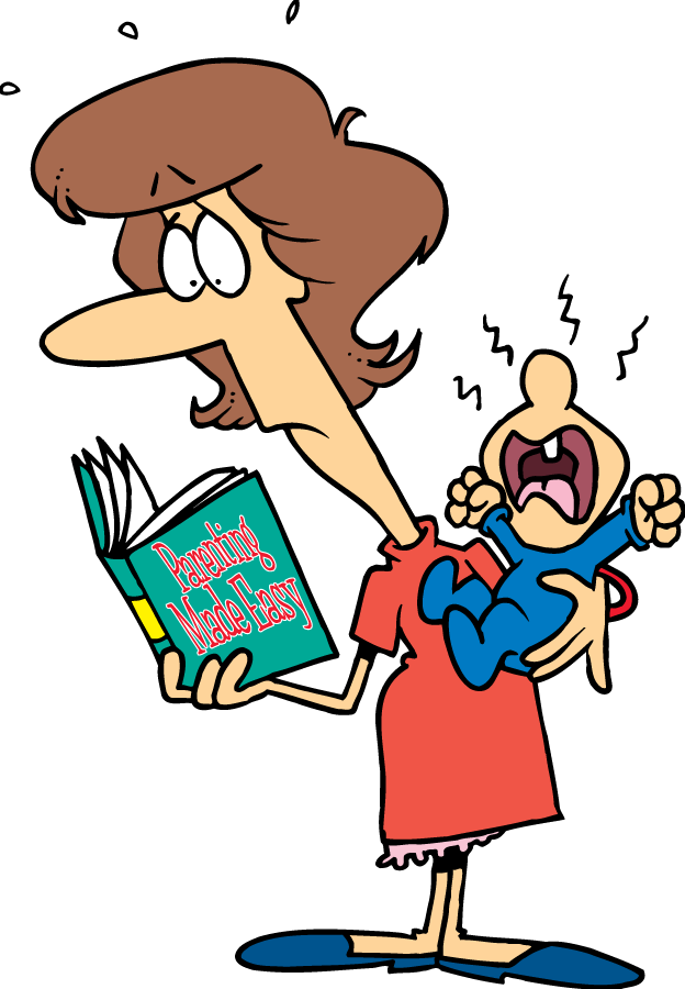 Toon-A-Day toon image of a mother holding a crying child and a book on Easy Parenting
